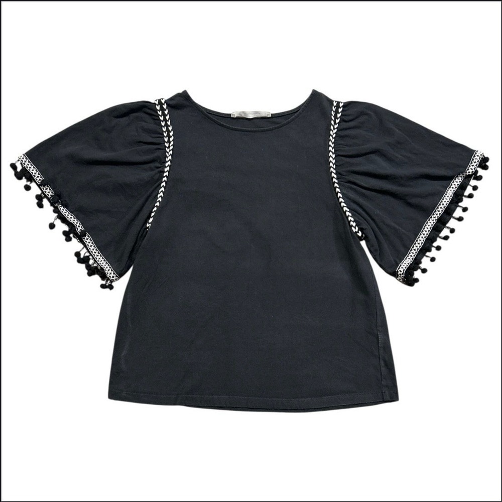 The Impeccable Pig Black Boho Blouse Pom Pom Trim Bell Sleeve Woman's Size Small